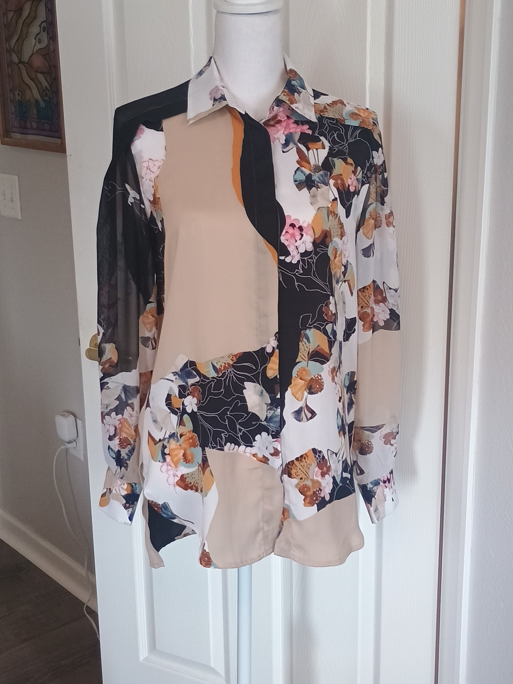 Floral Patchwork Long-Sleeve Blouse in Beige, Black & White